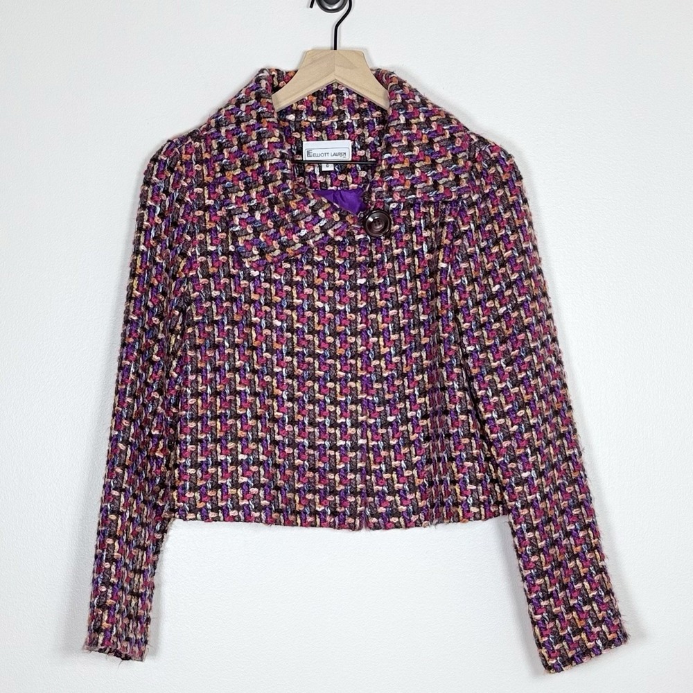 Vintage 90s Elliott Lauren Womens Cropped Tweed Blazer Size 6 Purple Lined Fall